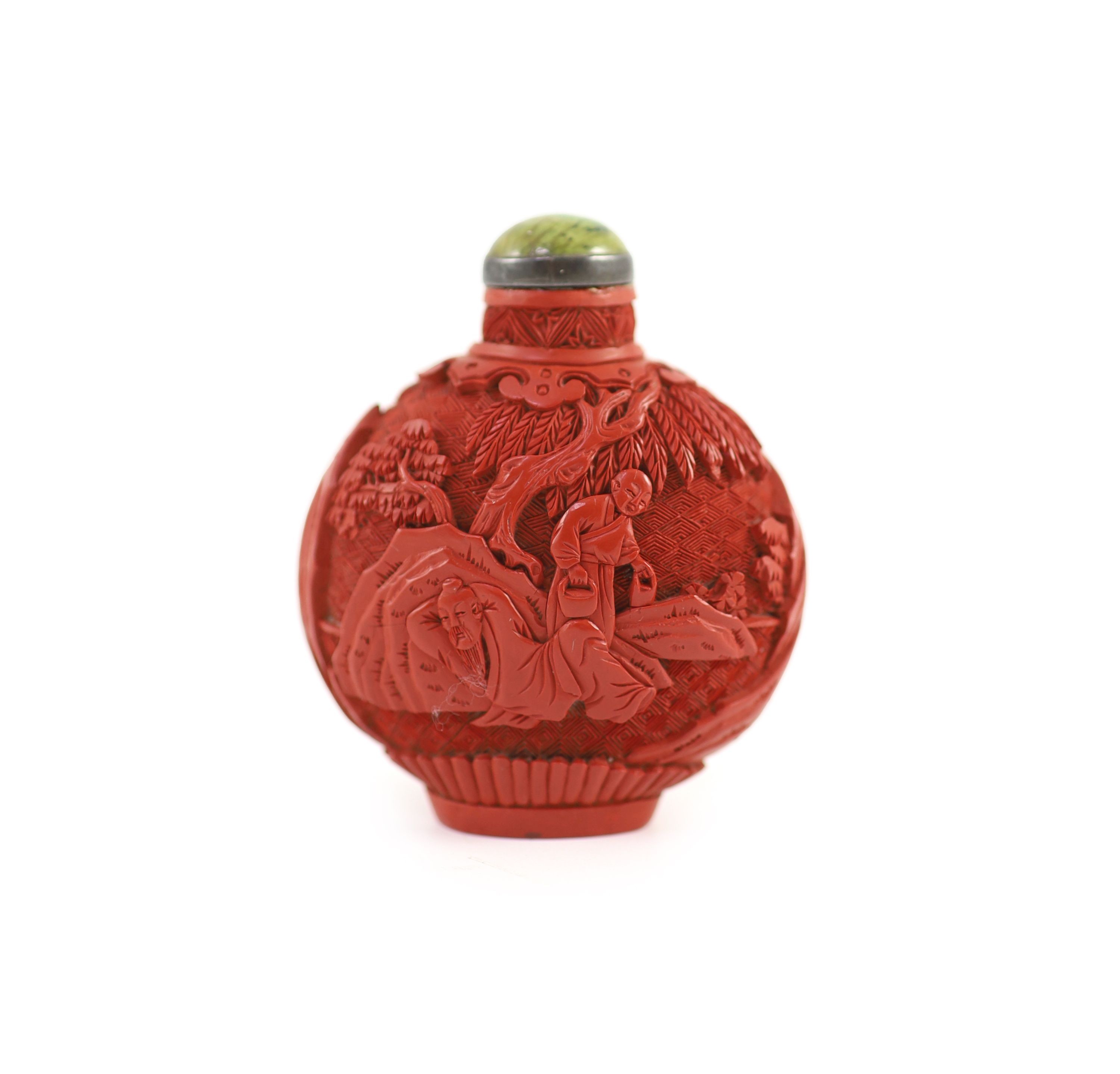An unusual Chinese cinnabar lacquer on porcelain snuff bottle, 18th/19th century 6.2 cm high excluding stopper